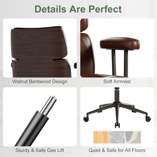 Mid-Century Modern Ergonomic Office Chair, Mid Back & Tufted, Brown | Faux Leather Executive Desk Chair, Walnut Bentwood Frame, Tufted Design, Swivel Computer Chair for Home Office, 300LBS Cap - color: Brown, size: Mid Back Style