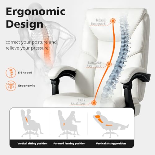 WAILOR 400lbs Office Chair with Foot Rest, Reclining Big and Tall Office Chair with Lumbar Support, High Back PU Leather Computer Chair,Comfy Desk Chair for Home Office (Casual) (White) - color: White