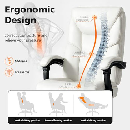 WAILOR 400lbs Office Chair with Foot Rest, Reclining Big and Tall Office Chair with Lumbar Support, High Back PU Leather Computer Chair,Comfy Desk Chair for Home Office (Casual) (White) - color: White