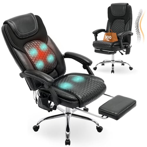MALOL Massage Office Chair with 3-Level Heat and Footrest – 20-Min Easy Assembly, 300 lbs Big and Tall Reclining Desk Chair, PU Leather Ergonomic Executive Computer Chair with Side Pocket, Black - color: Black, size: Set of 1, style: Modern