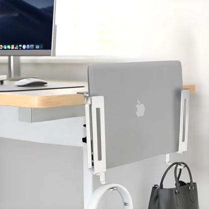 IFCASE Adjustable Desk Side Laptop Mount Holder with Headphone Hook, No Drill Desk Storage Organizer (White) - color: White