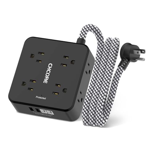 Surge Protector Power Strip - CHCORE 5Ft Braided Extension Cord with 8 Outlets with 4 USB (2 USB C) Charging Ports, Flat Plug Multi Plug Outlet Extender Charging Station for Home Office, ETL, Black - color: Black, size: 5 Ft