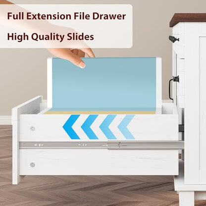 GarveeHome Executive Desk with File Drawers, Farmhouse Home Office Desk with Charging Station, 60 in Wooden Computer Desk with Cabinet Storage for Work Study Writing, White Walunt - color: White Walunt