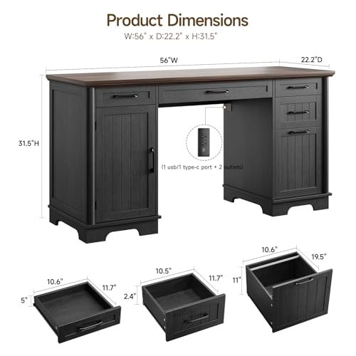 ONBRILL 58" Modern Home Office Desk with 5 Drawers and 1 Cabinet, Black