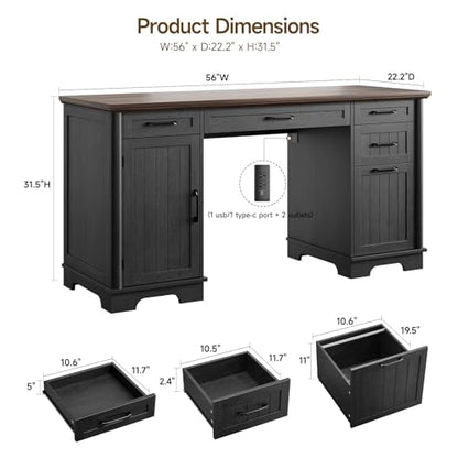 ONBRILL 58" Modern Home Office Desk with 5 Drawers and 1 Cabinet, Black