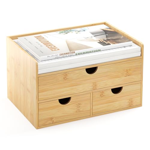 Bamboo Desk Organizer with Drawers, Desktop Storage Box for Office Supplies | 3 Drawers Desktop organizer, No Assembly Required, Natural Wood Wooden Desktop Drawers for Bills, Cosmetics, Seals, Paper - color: Natural-3 Drawer With Shelf, size: 12.2"L x 8.