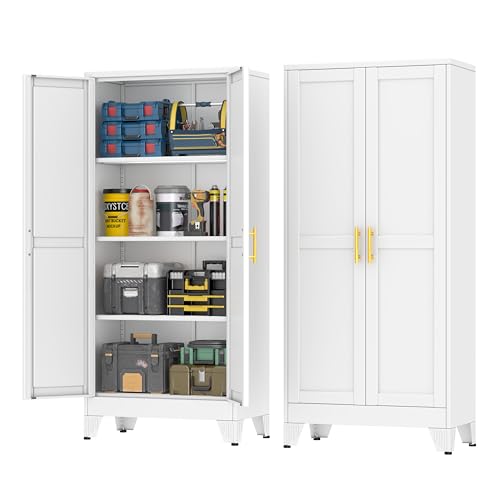 pozdeg 61" White Heavy Duty Metal Garage Storage Cabinet | Tool Cabinet with 2 Doors and 3 Adjustable Shelves, Heavy Duty Steel Organizer Cabinet for Garage, Home, Office & Basement - color: White, size: 13.78"D x 27.56"W x 61.02"H