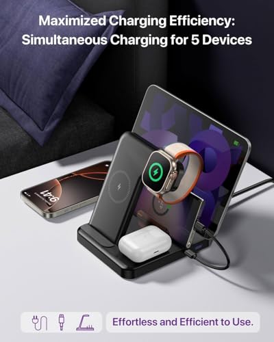 Multiple Devices Charging Station, 5-in-1 Charging Station for iPhone 17 Pro Max/Pro/16/15/14/13/12, iPad Pro/Air/Mini, Apple Watch and Airpods,Wireless Charging Dock(G805) (White) - color: White