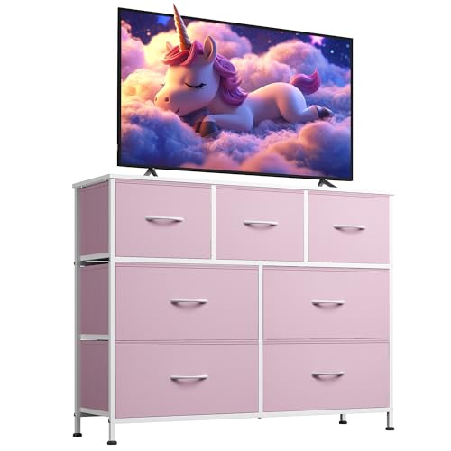 WLIVE 7 Drawer Dresser TV Stand, Entertainment Center, Media Console Table with Metal Frame and Wood Top for TV up to 45 inch, Chest of Drawers for Bedroom, Living Room, A-Pink - color: A-pink