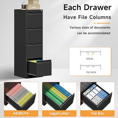 Bestoo File Cabinet, 4 Drawer Filing Cabinet with Lock, Metal File Cabinet - color: Black, size: 4Drawer-Vertical-50"H