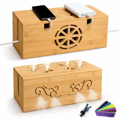 Bamboo Extra Large Cable Management Box, 15.7 x 6.7 x 6.7in | Cable Management Box - Large Bamboo Cord Organizer for Desk and Home Office - Power Strip Hider with Ventilation