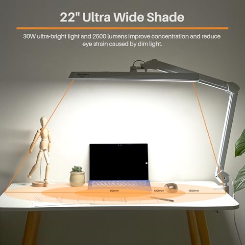 LED Architect Desk Lamp with Clamp, 30W 2500LM, White 30CCT | 324 LEDs deliver flicker-free lighting with 5 color modes, 5 brightness levels, and reinforced dual metal arms - color: White