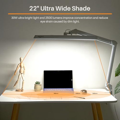 LED Architect Desk Lamp with Clamp, 30W 2500LM, White 30CCT | 324 LEDs deliver flicker-free lighting with 5 color modes, 5 brightness levels, and reinforced dual metal arms - color: White