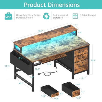 Lufeiya Gaming Desk with LED Lights and Power Outlets, 47 Inch Home Office Desks with Keyboard Tray, Computer Desk with File Drawers Cabinet, Writing Table PC Desks with Monitor Stand, Rustic Brown