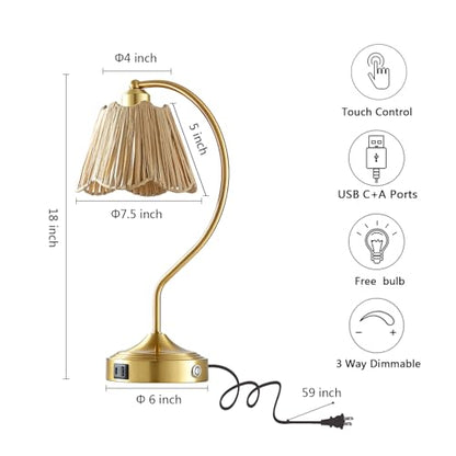 Boho Rattan Touch Small Table Lamps USB C+A Ports | Retro Rattan Shade, 3-Way Dimmable Farmhouse Lamp for Bedroom Living Room Entryway Office, LED Bulbs Included - color: Brass-Single