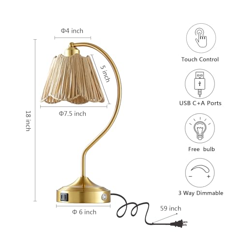 Set of 2 Boho Rattan Small Touch Table Lamps with USB C+A Ports | Bedroom Farmhouse Lamp and Retro Rattan Shade for Living Room Entryway Office, LED Bulbs Included - color: Brass
