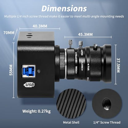 MOKOSE USB Camera 4K,USB3.0 Manual Focus Webcam with 5-12mm Varifocal Lens, IMX678 1/1.8" 8MP Sensor Support YUY2,Web Camera for Desktop Computer Laptop - size: With 5-12MM Varifocal Manual Lens