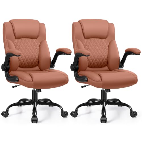 Leather Office Chair, PU Home Computer Desk Chairs with Ergonomic Back Support, 360°Swivel Free，Small Gaming Chair with Wheels and Adjustable Armrests, for Short People Use - color: Brown, size: 2 Pack