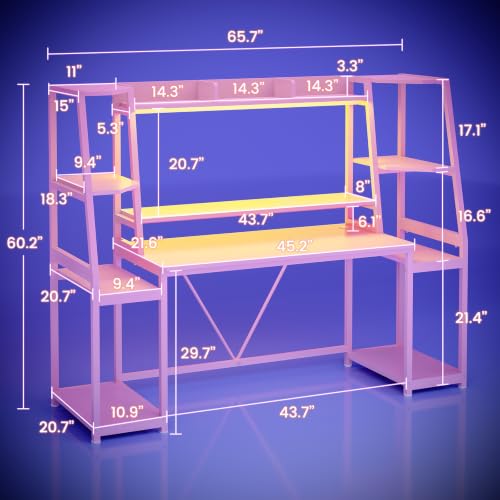 SEDETA 65.7'' Gaming Desk with LED Lights, Hutch and Storage Shelves, Pink - color: Pink, size: 65.7 inches