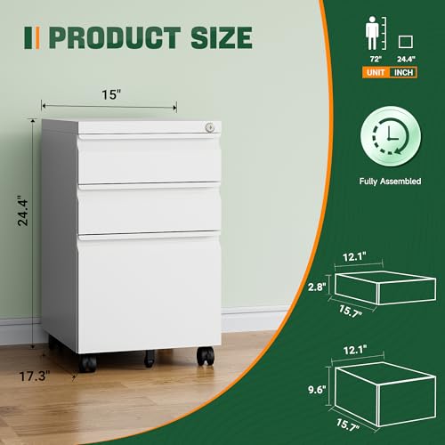 Letaya 3 Drawer Mobile File Cabinet with Lock, Under Desk Metal Filing Cabinets for Home Office Organizer Letters/Legal/A4(Fully Assembled-White) (Pack of 2) - color: White, size: 14.57"W X 17.32"D X 24.40"H (Pack of 2)