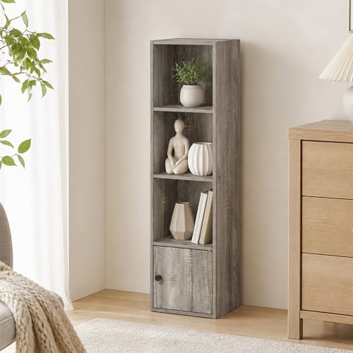 4-Tier Bookcase with Closed Storage, Cube Bookshelf, Book Shelf, 9.3 x 12 x 41.8, for Organization and Storage, Home Office, Living Room, Bedroom, French Oak - color: French Oak, size: 4 Tier