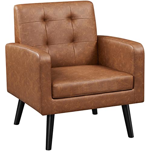 Yaheetech Mid Century Accent Chairs Set of 2 Living Room Chairs Retro Brown | Faux Leather Upholstered Sillones Para Sala, Modern Reading Nook Chairs, Button Tufted Back, Rubberwood Legs, Bedroom Office - color: Retro Brown, size: set of 2