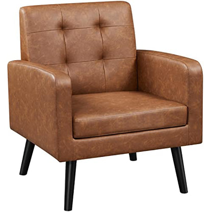 Yaheetech Mid Century Accent Chairs Set of 2 Living Room Chairs Retro Brown | Faux Leather Upholstered Sillones Para Sala, Modern Reading Nook Chairs, Button Tufted Back, Rubberwood Legs, Bedroom Office - color: Retro Brown, size: set of 2