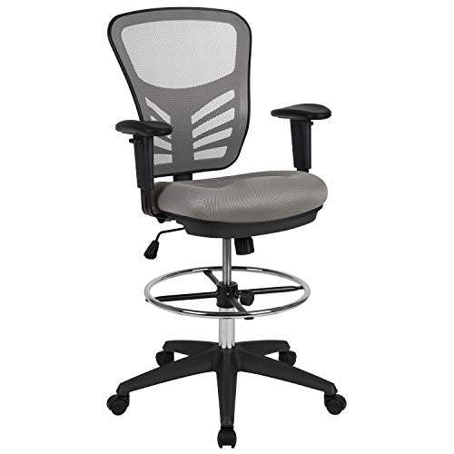 EMMA + OLIVER Mid-Back Black Mesh Drafting Chair | Black Frame, Ergonomic, Height Adjustable, 360° Swivel - color: Light Gray Mesh/Black Frame