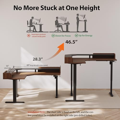 Agilestic 63 Inch L Shaped Electric Standing Desk with Shelf, Dark Walnut - color: Dark Walnut, size: 63x55 Inch Pro