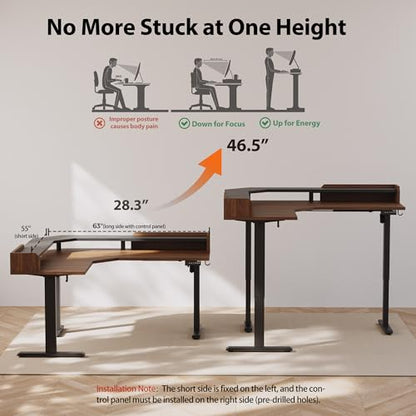 Agilestic 63 Inch L Shaped Electric Standing Desk with Shelf, Dark Walnut - color: Dark Walnut, size: 63x55 Inch Pro
