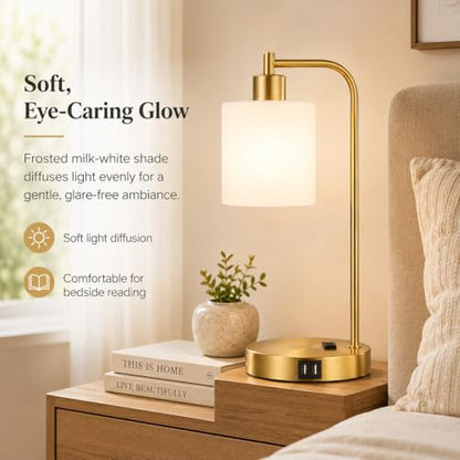 Set of 2 Industrial Touch Control Table Lamps with 2 USB Ports and AC Outlet - 3-Way Dimmable Gold Bedside Lamps Nightstand Desk Lamps for Bedroom Living Room, Opal Glass Shade & 2 LED Bulbs Included - color: Gold(2 pack)-Opal Glass-Touch Control