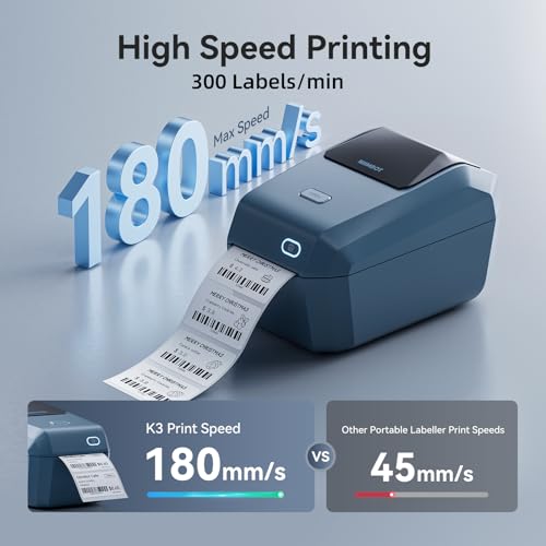 NIIMBOT K3 Desktop Label Printer, 3 Inch,180mm/s High Speed, Blue | Support Bluetooth and USB Connection, Come with 1 Roll Tapes, Thermal Label Maker for Small Business and Home Office - color: BLUE