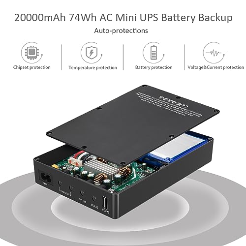Mini UPS Battery Backup for Router, Modem, Security Camera - size: 74Wh AC-DC