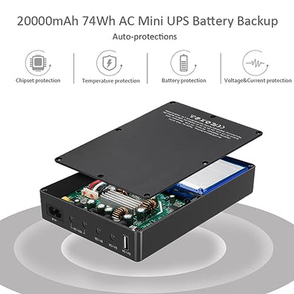 Mini UPS Battery Backup for Router, Modem, Security Camera - size: 74Wh AC-DC