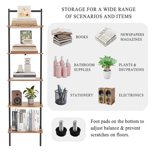 5-Tier Wall Mounted Ladder Shelf, Rustic Brown, 64.7" H - color: Rustic Brown, size: 5 Tier