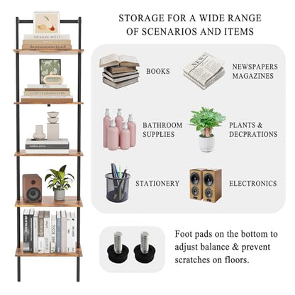 5-Tier Wall Mounted Ladder Shelf, Rustic Brown, 64.7" H - color: Rustic Brown, size: 5 Tier