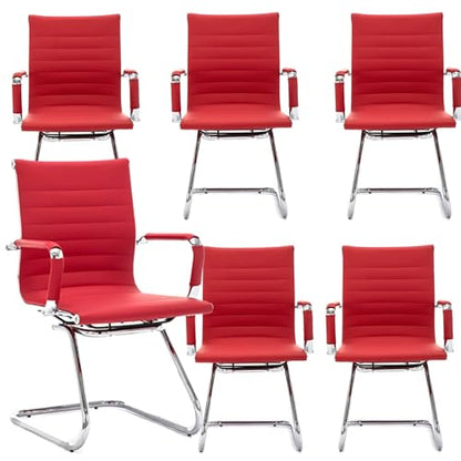 Office Desk Chair No Wheels Set of 6 PU Leather Computer Chairs Mid Back Guest Chairs for School Reception Conference Waiting Room, Deep Red - color: Deep Red, size: 6PCS