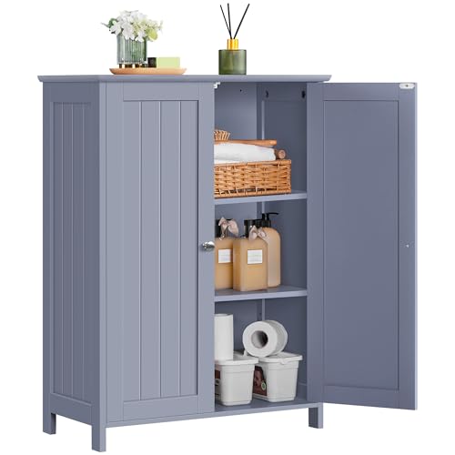 Yaheetech Small Bathroom Storage Cabinet for Towels with 2 Doors, Gray | Slim Freestanding Floor Organizer, 2 Adjustable Shelves Hold Toiletries, Fits Halls or Laundry Rooms, Beadboard MDF, 12" Deep - color: Grey, size: 24″ L × 12″ W × 32″ H