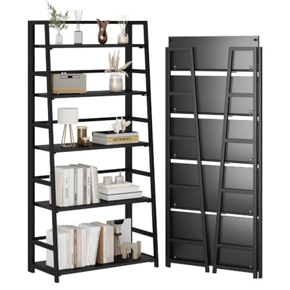 JSB 5 Tier Bookshelf, No Assembly Folding Ladder Bookshelf, 51.6in Tall Foldable Ladder Shelf, Bookcase for Home Office, Living Room,Space-Saving (All Black, 5 Tier) - color: All Black
