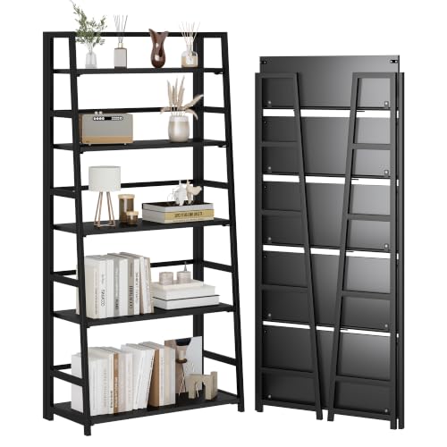 JSB 5 Tier Bookshelf, No Assembly Folding Ladder Bookshelf, 51.6in Tall Foldable Ladder Shelf, Bookcase for Home Office, Living Room,Space-Saving (All Black, 5 Tier) - color: All Black