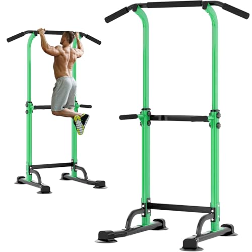 soges Power Tower Pull Up Bar Station, Free Standing Pull Up Rack Dip Station for Home Gym, Height Adjustable Home Strength Training Fitness Workout Equipment - color: Green