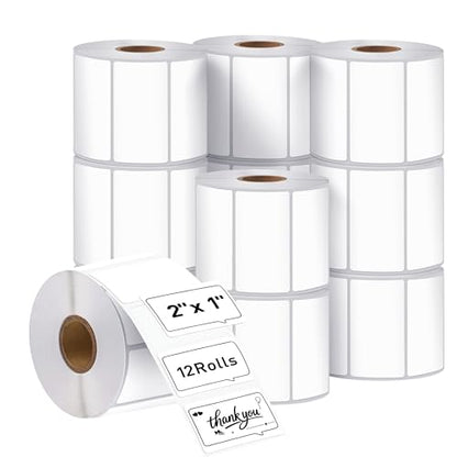 2" x 1" Direct Thermal Labels-Perforated Barcodes, Shipping, Address Label Paper, Durable Self-Adhesive Thermal Printer Stickers, Compatible with Zebra & Rollo Printers（12 Rolls）