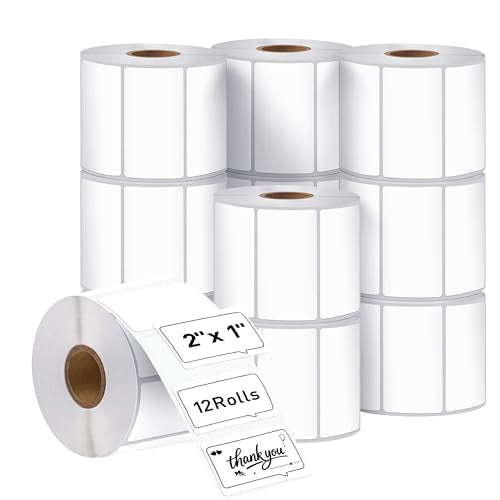 2" x 1" Direct Thermal Labels-Perforated Barcodes, Shipping, Address Label Paper, Durable Self-Adhesive Thermal Printer Stickers, Compatible with Zebra & Rollo Printers（12 Rolls）