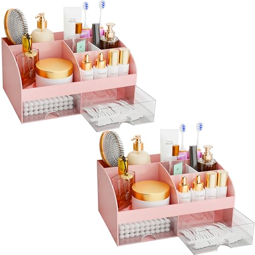 Makeup Organizer with Drawers, Cosmetic Storage for Dresser Vanity and Bathroom Countertop, Beauty Holder for Lipstick Brush, Skincare Organizer for Vanity, Cosmetic Display Case (Pink-2Pack) - color: Pink-2Pack