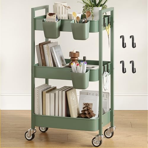 Nunsino 3 Tier Rolling Cart,Utility Cart with Locking Wheels, Hanging Cups,&Hooks, Heavy Duty Metal Storage Organizer Cart for Kitchen,Office, Bathroom,Craft Room,Green - color: Green