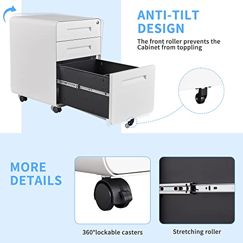 Letaya File Cabinet, 3 Drawer Filing Cabinets for Home Office with Lock Mobile Under Desk Fully Assembled Cabinet (White) - color: White, size: 18"D x 14.96"W x 23"H