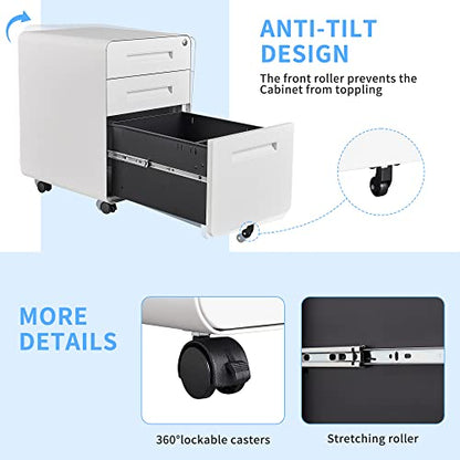 Letaya File Cabinet, 3 Drawer Filing Cabinets for Home Office with Lock Mobile Under Desk Fully Assembled Cabinet (White) - color: White, size: 18"D x 14.96"W x 23"H