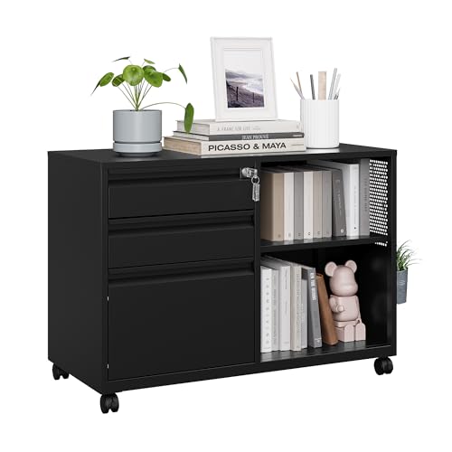 MIIIKO 3 Drawer File Cabinet with Lock, Metal Lateral Rolling Printer Stand Office Storage Filing Cabinets for Home Office,A4, Letter,File Folders(Black) - color: Black, size: 3 Drawer-34.5"W -Mobile