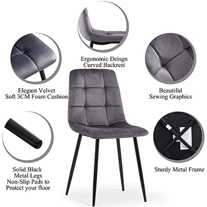 Homedot Grey Velvet Chair Set of 6,Mid-Century Modern Dining Chair Upholstered Living Chair Tufted Reception Chair with Solid Black Metal Legs for Bedroom,Dining Room,Kitchen - color: Grey, size: 6*Chair