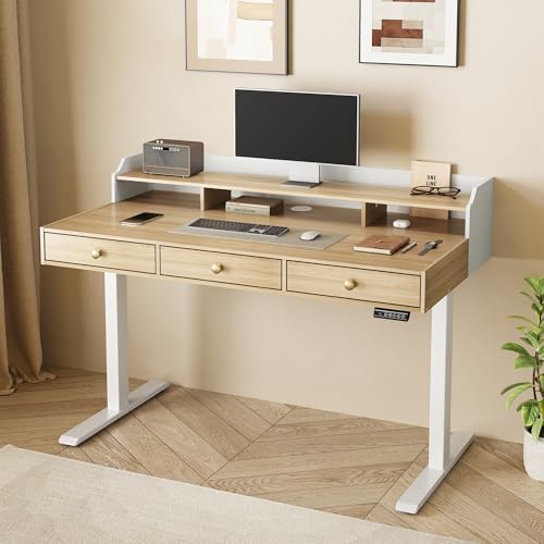 Electric Standing Desk with 3 Drawers & Monitor Shelf | 47.2 x 26 Inch Height Adjustable Standing Desk, Sit Stand Desk with Storage, 176 Lbs Capacity, Home Office, Light Walnut - color: Light Walnut
